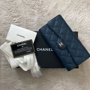 ❤️SOLD❤️ Authentic Chanel Long Classic Flap Wallet in Dark Blue Caviar Leather